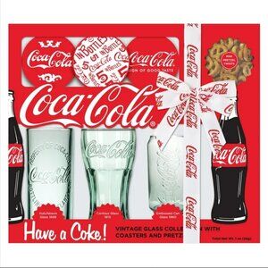 Coca Cola Glass Collectors Set with Vintage Glasses and Coasters COKE
